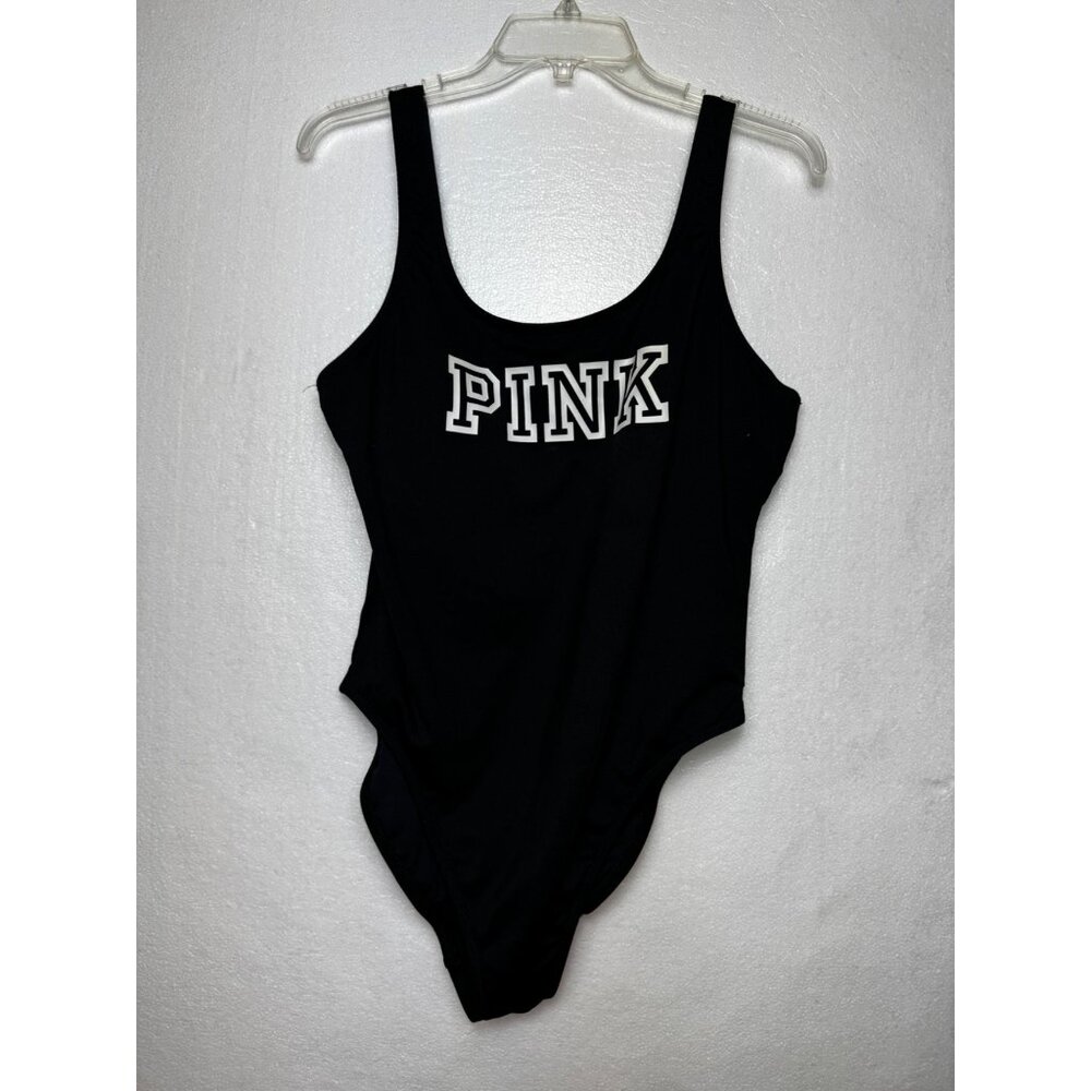 Victorias Secret PINK‎ Active Black One-Piece Swimsuit Logo Large Bathing Suit